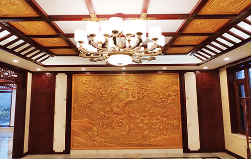 定城镇中式别墅客厅中式木作横梁吊顶装饰展示